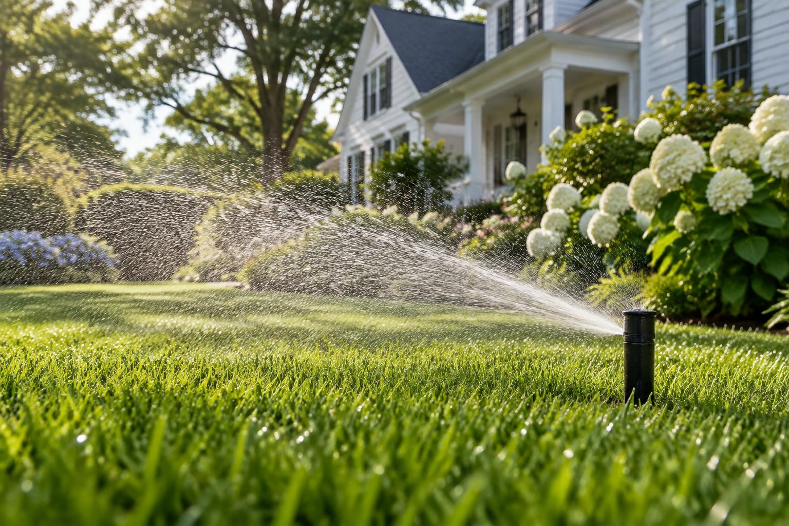 Precision sprinkler watering a green lawn