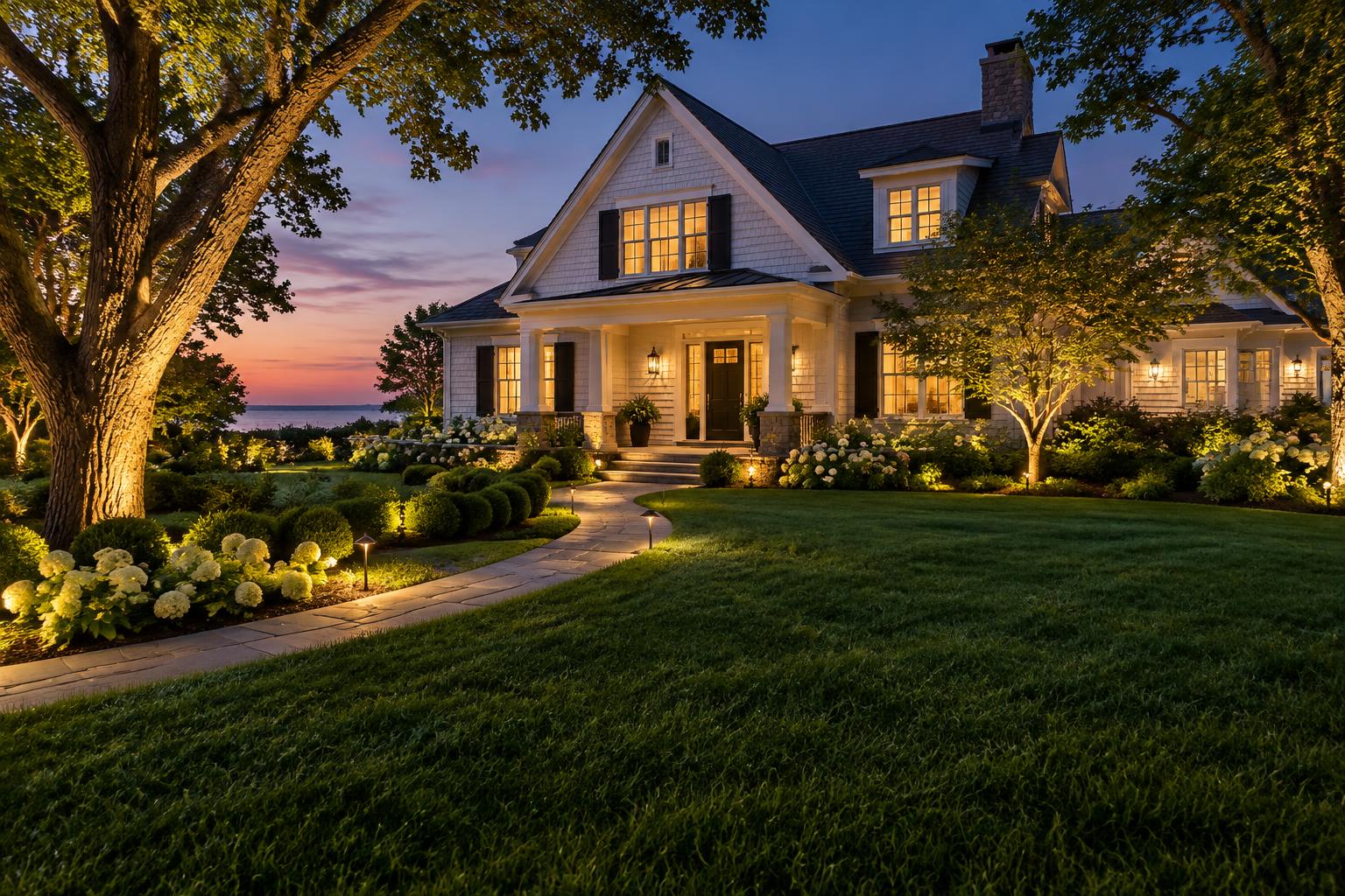 Home and garden illuminated by landscape lighting at dusk